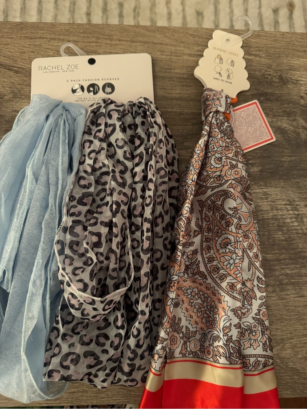 NWT Rachel Zoe & Sunday State Scarf Bundle - 3 Items (Leopard, Paisley, Blue)